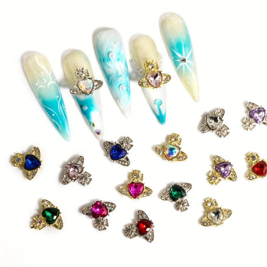 12pcs Planet Nail Art Charms With Rhinestones 3D Heart Nail Art Gemstones