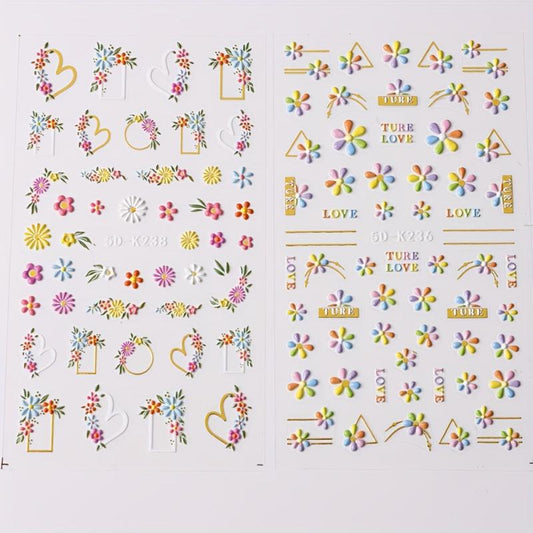 5D Embossed Flower Nail Art Stickers - 3 Sheets Pack
