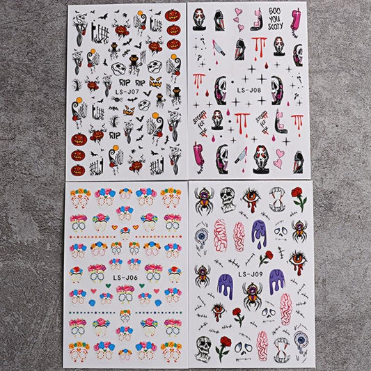 4pcs Halloween Nail Art Stickers Self Adhesive Decals Skull Bat Pumpkin Ghost