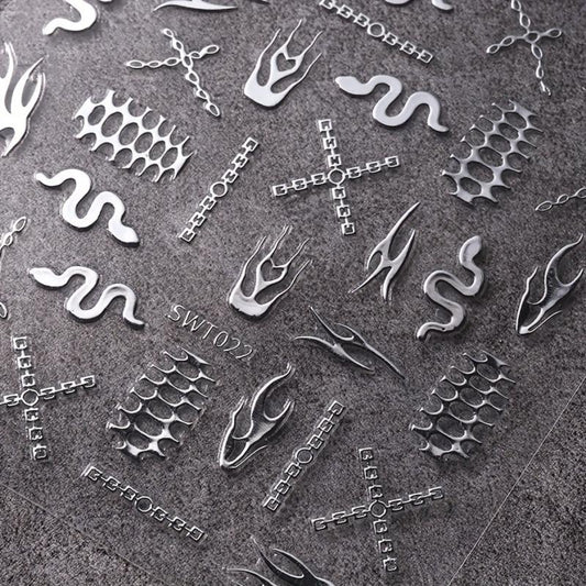 3D Skeleton Nail Sticker Silver Flame Lines Nail Sliders 2 Sheets