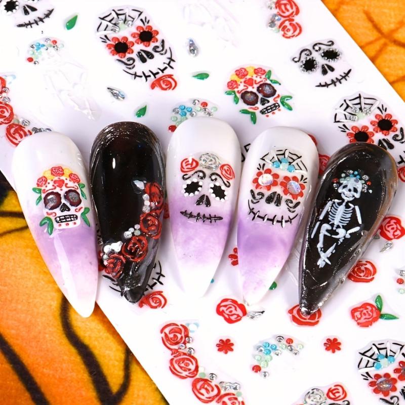 Skull and Flower Halloween Nail Stickers for Creative Nail Art
