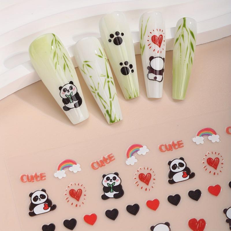 3D Cartoon Panda Flower Nail Stickers - 3 Sheets