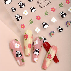 3D Cartoon Panda Flower Nail Stickers - 3 Sheets