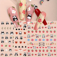 3D Cartoon Panda Flower Nail Stickers - 3 Sheets