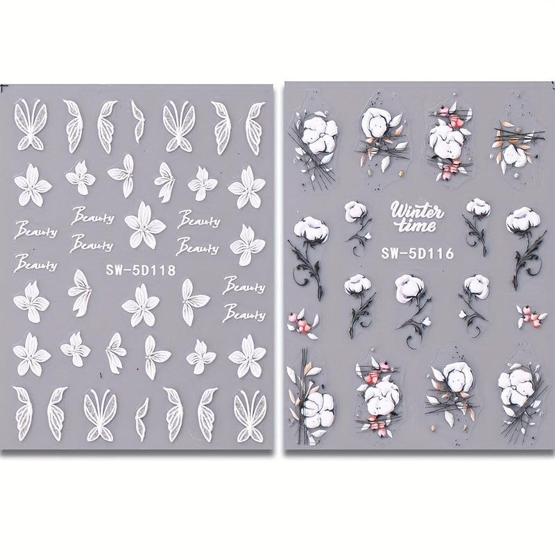 5D Embossed Flowers Nail Stickers Rose Butterfly Letter Cotton Sliders