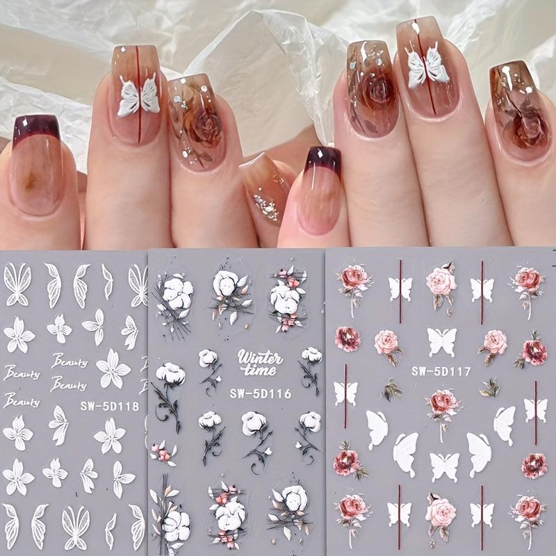 5D Embossed Flowers Nail Stickers Rose Butterfly Letter Cotton Sliders