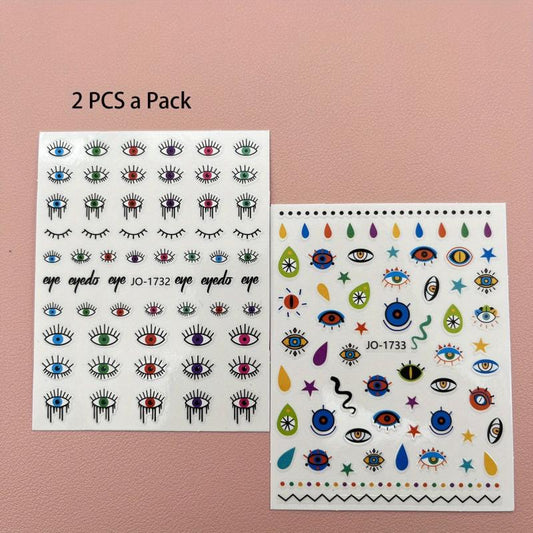 2pcs Evil Eye Nail Art Stickers 3D Self Adhesive Nail Decals for Manicure