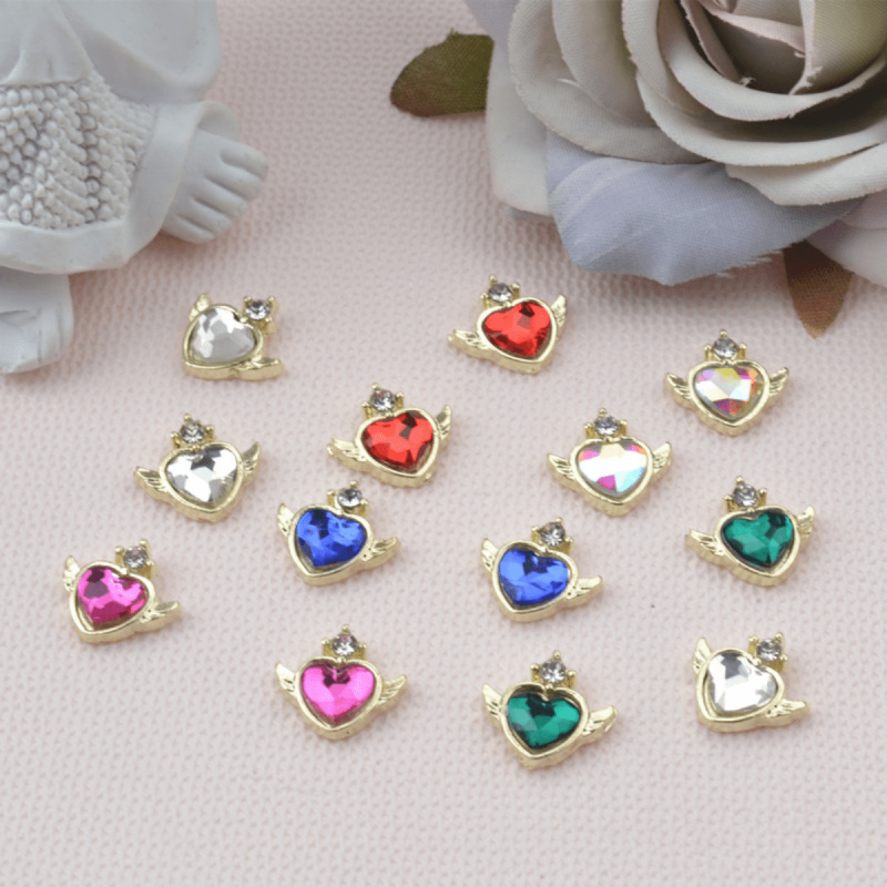 5pcs Alloy Angel Wings Heart Nail Charms With Rhinestone 3D Nail Art Jewelry