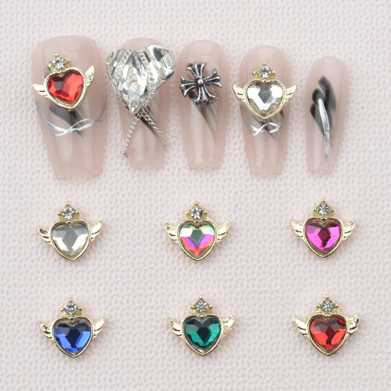 5pcs Alloy Angel Wings Heart Nail Charms With Rhinestone 3D Nail Art Jewelry