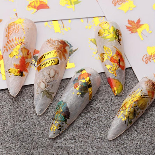 8pcs Golden Maple Leaf 3D Nail Stickers - Self Adhesive Autumn Nail Art