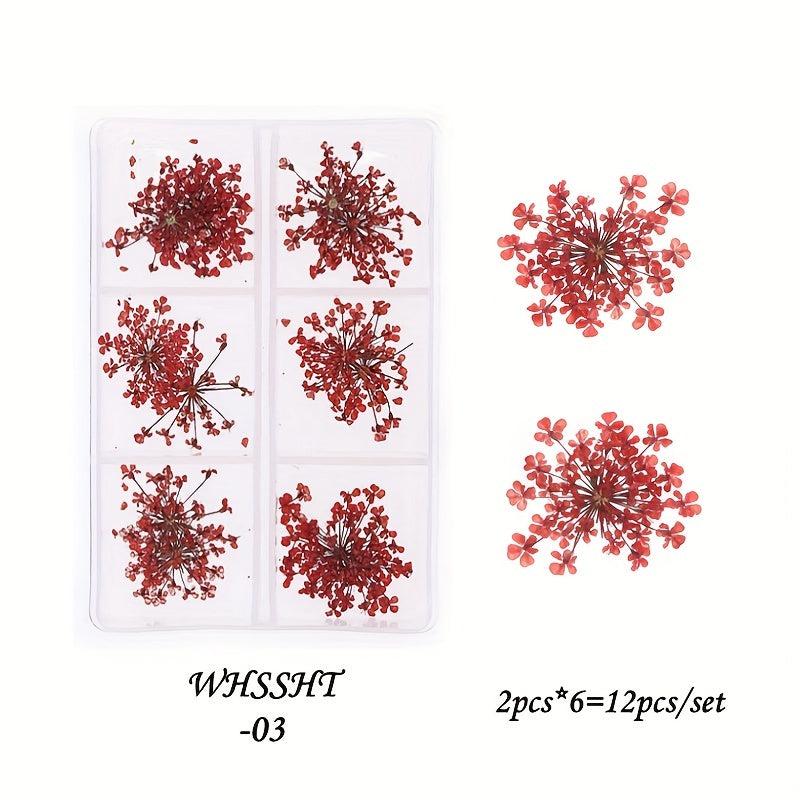 12 Dried Flower Nail Art Charm 3D Sticker For Manicure Decor