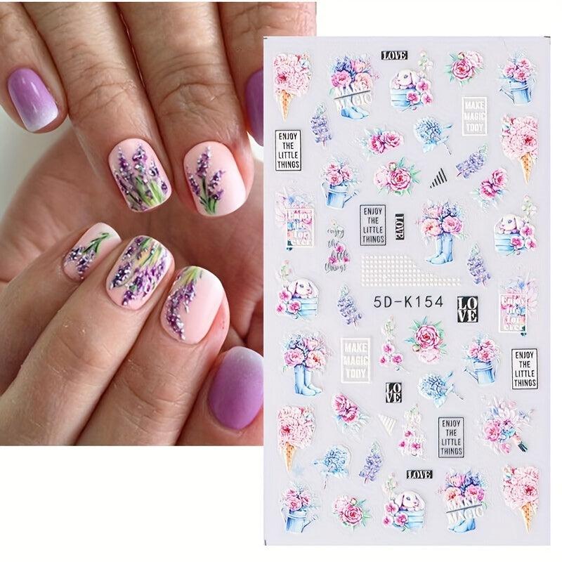 5D Embossed Bear Bunny Lavender Nail Stickers For Women