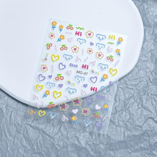 5D Embossed Nail Stickers Cartoon Nail Art Decals for Girls