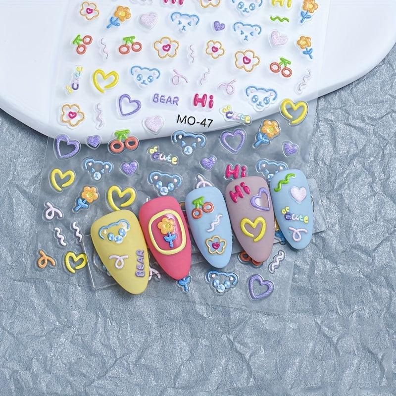 5D Embossed Nail Stickers Cartoon Nail Art Decals for Girls