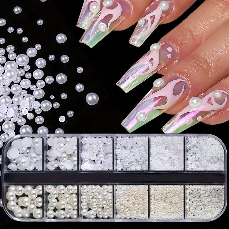 12 Grids Beige Nail Pearls Half Round Pearls for Nail Art Crafts DIY