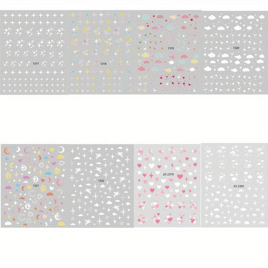 8 Sheets 3D Self Adhesive Nail Stickers Star Cloud Heart Decals for DIY or Salon