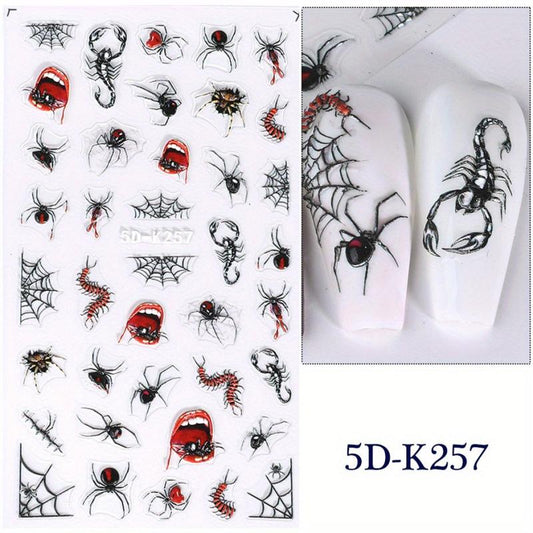 5D Embossed Halloween Nail Art Stickers - Red Devil's Eye Spider Web Nail Decals