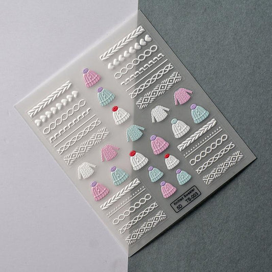 Winter Knit Sweater 5D Nails Decal Engraved Embossed Nail Art Adhesive Decals
