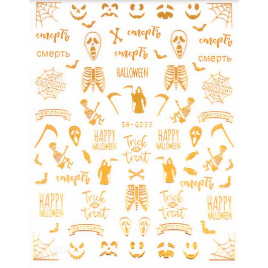 Halloween Nail Art Stickers Golden Skull Pumpkin Bat Spider Decals