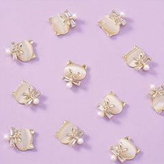 Cat Head Nail Charms 3D Alloy Rhinestones Pearls Nail Art Jewelry