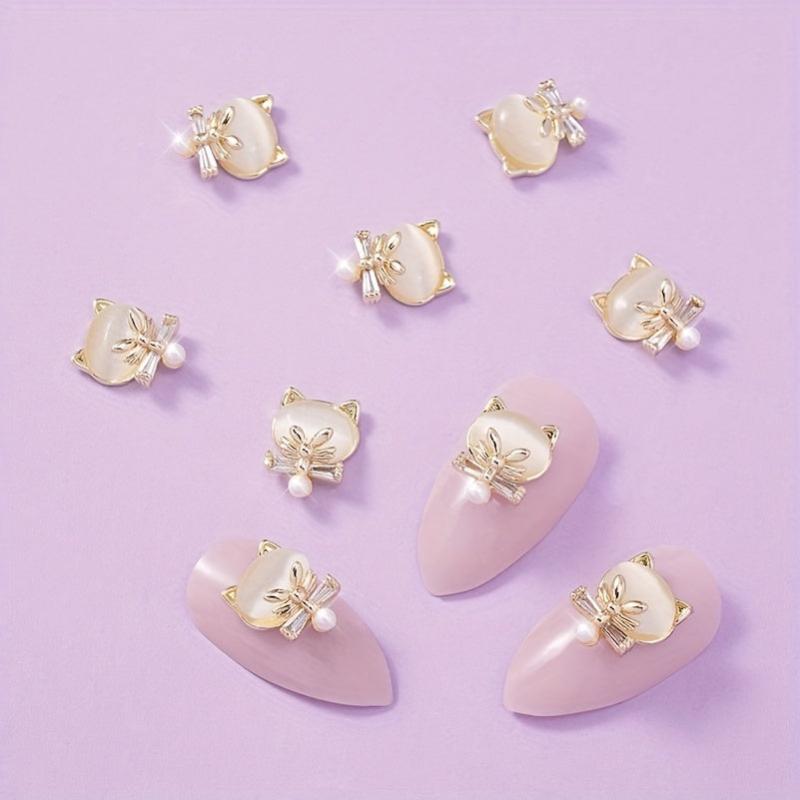 Cat Head Nail Charms 3D Alloy Rhinestones Pearls Nail Art Jewelry