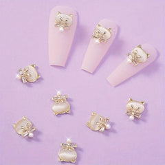 Cat Head Nail Charms 3D Alloy Rhinestones Pearls Nail Art Jewelry