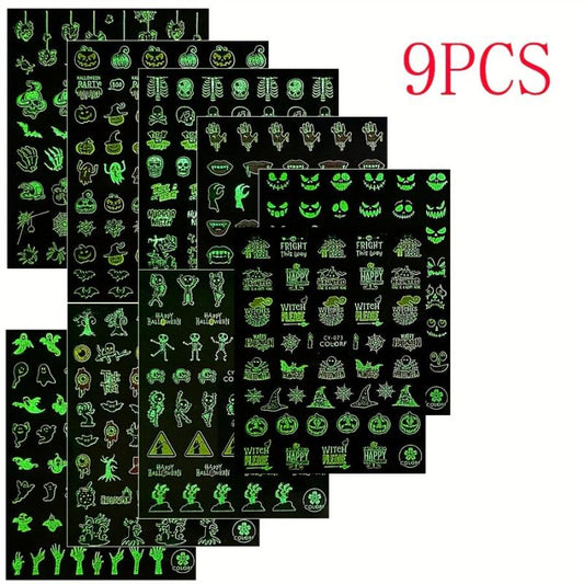 9pcs Luminous Halloween Nail Stickers - Pumpkin Spider Skull Ghost Decals