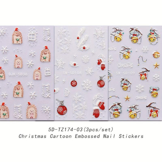 5D Embossed Christmas Nail Art Stickers Snowflake Bell Nail Decals
