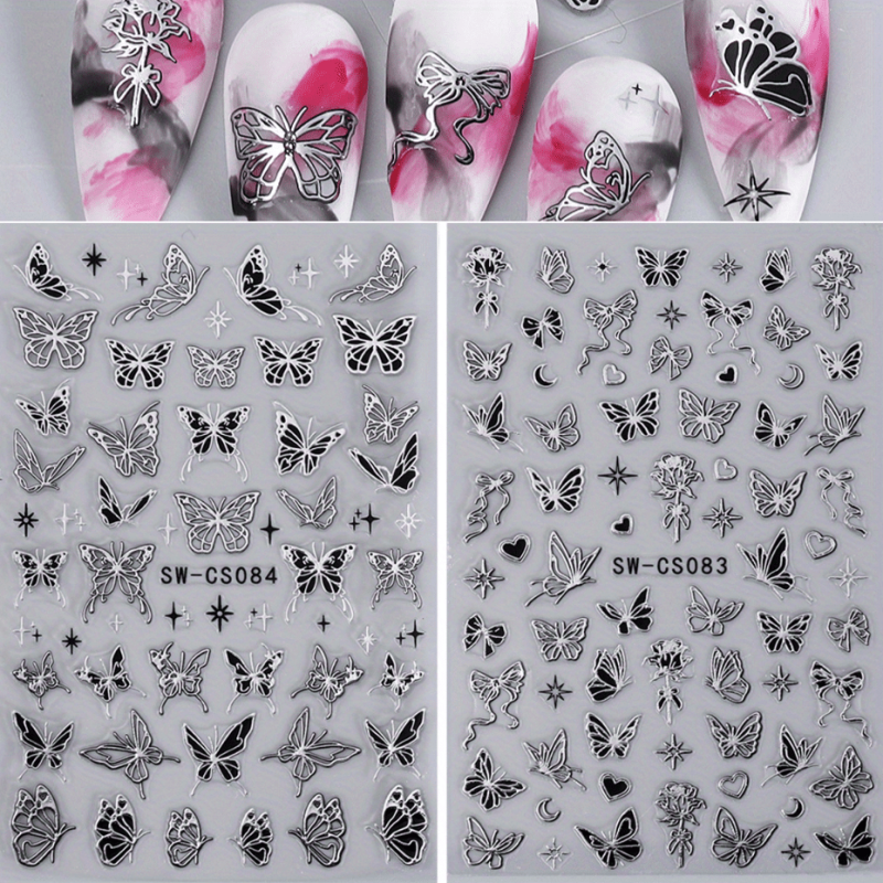 3D Y2K Style Metallic Nail Stickers for Butterfly Dragonfly Wings Flower Designs