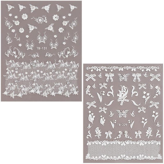 2pcs 5D Lace Flower & Pearl Nail Art Stickers Self Adhesive Decals