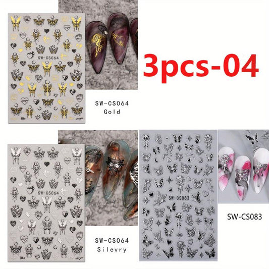 3D Metallic Nail Art Stickers Ink Butterfly Moon Heart - 3Pcs Set