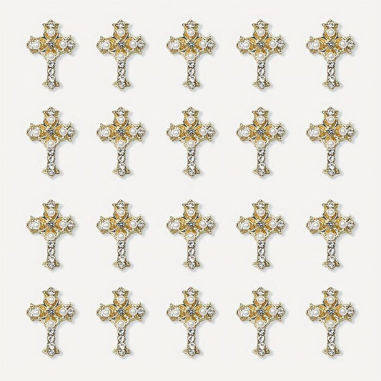 5pcs Cross Nail Art Charms With Rhinestones And Pearls
