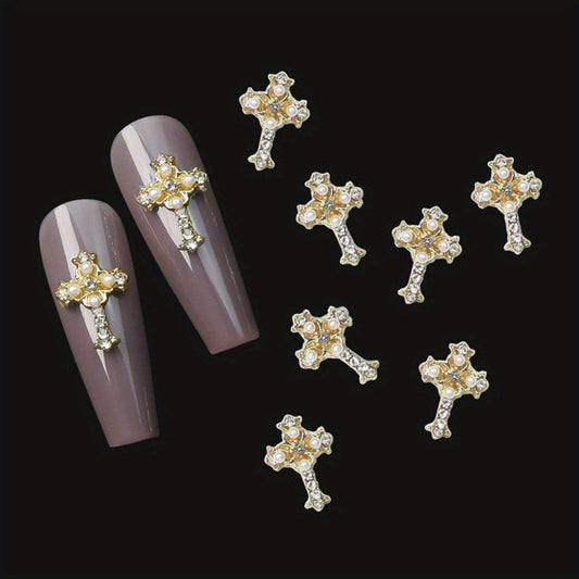 5pcs Cross Nail Art Charms With Rhinestones And Pearls
