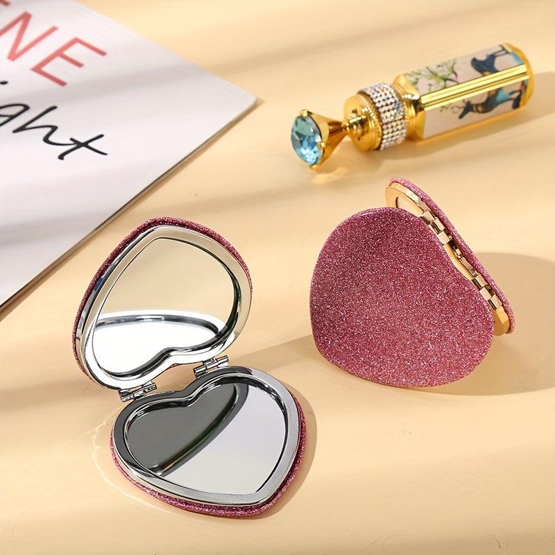 Glitter Pink Heart Shaped Mirror for Girls and Women - Makeup and Travel