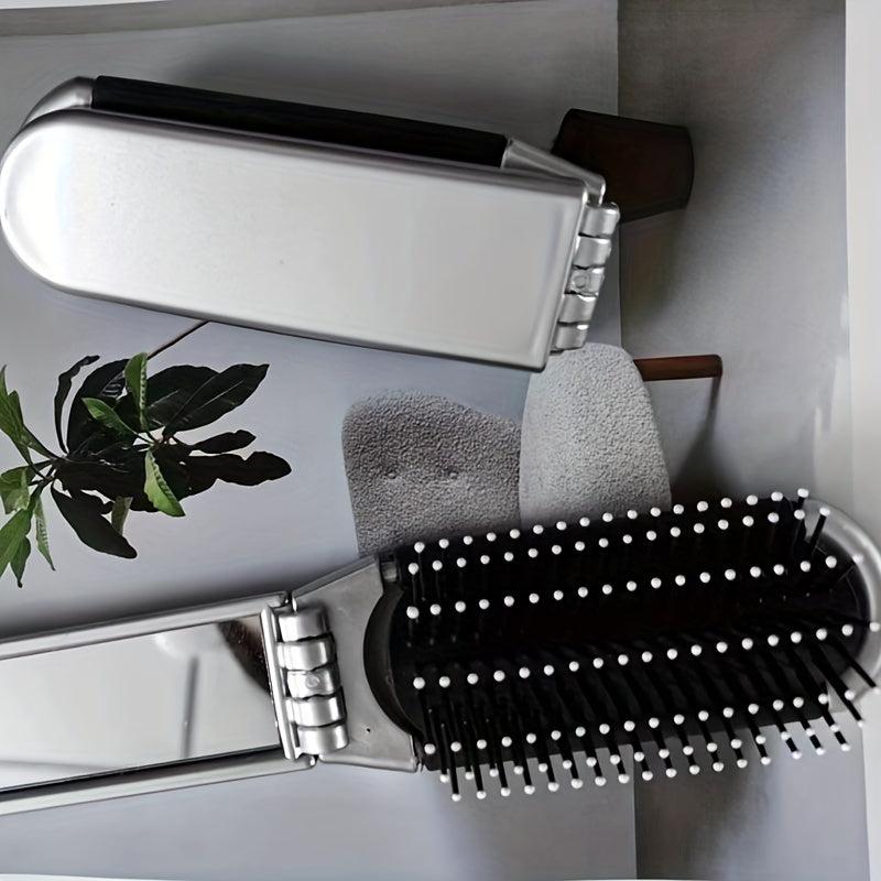2-In-1 Foldable Hair Brush & Mirror - Compact Portable Hair Comb