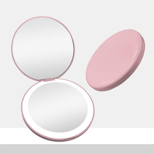 Mini Makeup Mirror with LED Light and Hand Pocket - Pink
