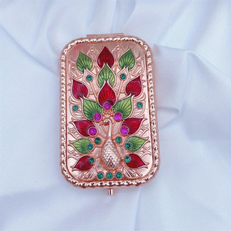 Vintage Peacock Vanity Mirror Compact Magnifying Glass Rhinestones Metal