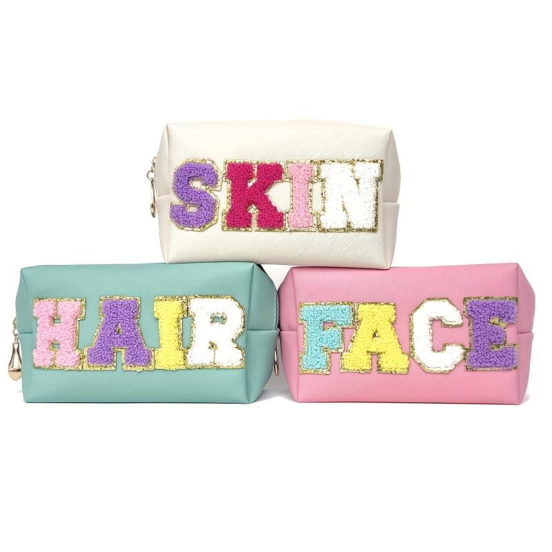3 Pcs Preppy Patch Makeup Bag Chenille Letter Cosmetic Bag Waterproof Zipper