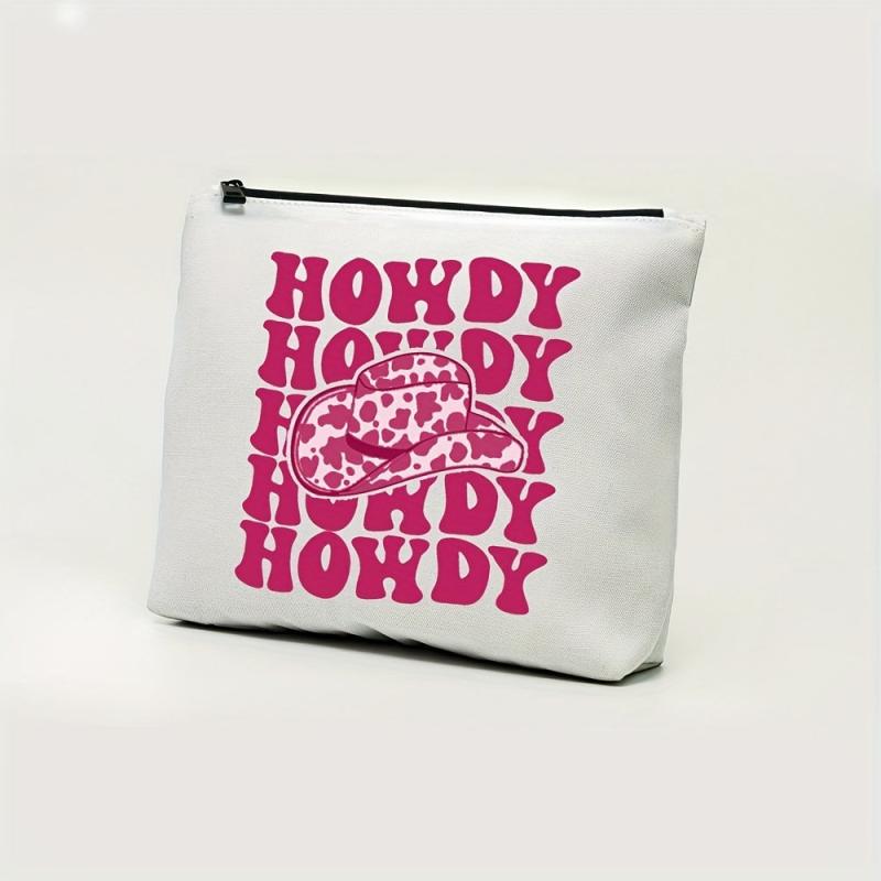Hot Pink Vintage Western Cow Print Cowboy Hat Cosmetic Bag