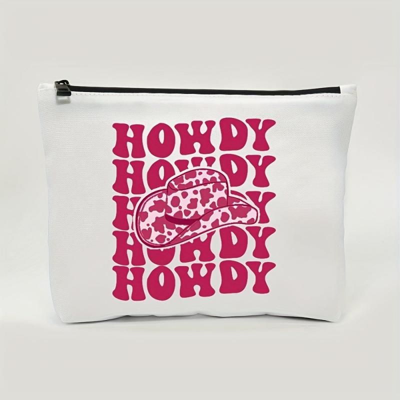 Hot Pink Vintage Western Cow Print Cowboy Hat Cosmetic Bag