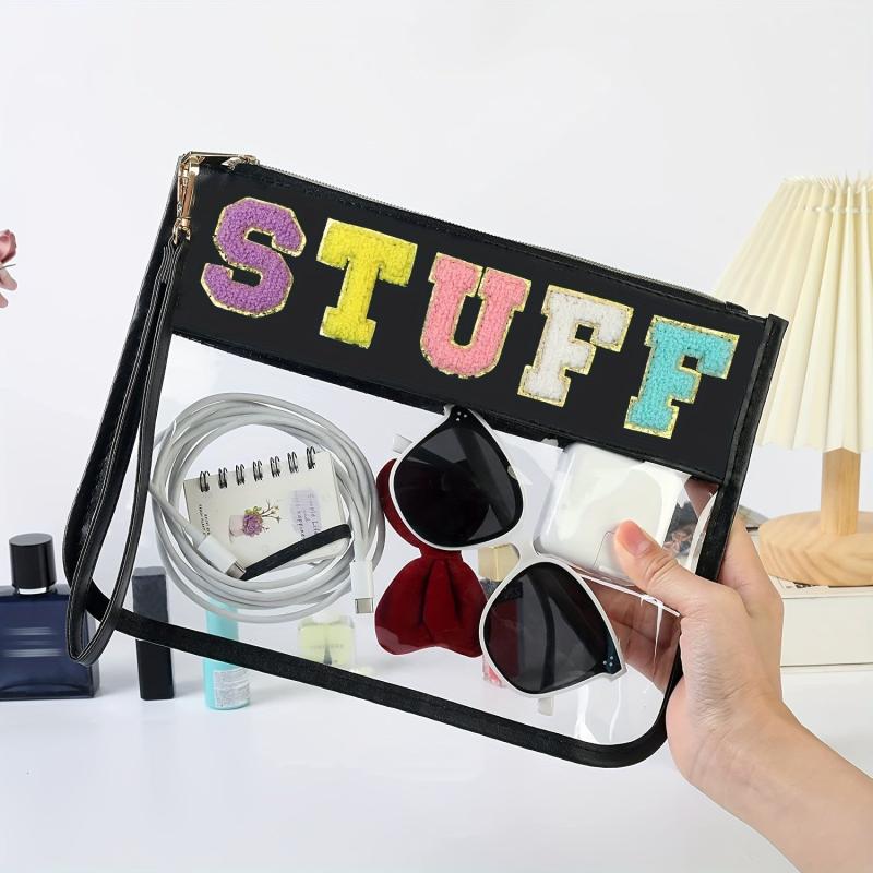 Chenille Letter Zipper Pouch Makeup Bag Clear Waterproof Toiletry Snack Bag