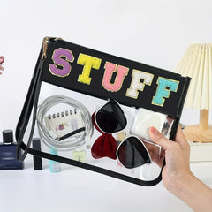 Chenille Letter Zipper Pouch Makeup Bag Clear Waterproof Toiletry Snack Bag
