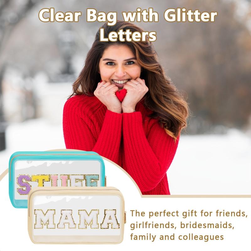 Chenille Letter Clear Makeup Bag Waterproof Glitter Cosmetic Pouch with Zipper