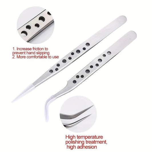 2pcs Stainless Steel Tweezers Set for Eyelash Extensions with Storage Case