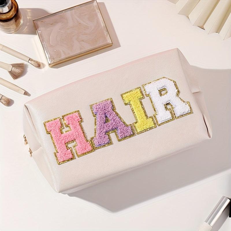 Preppy Makeup Bag Travel Toiletry Bag Letter Patch PU Leather Waterproof