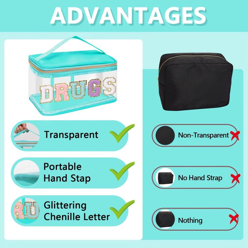 Chenille Letter Clear Makeup Bag Waterproof Glitter Cosmetic Handbag
