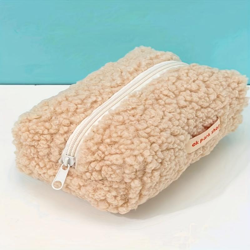 Letter Patch Plush Makeup Bag Brown Zipper Storage Pouch