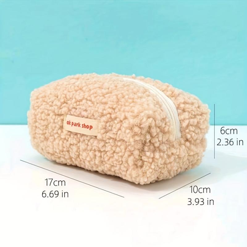 Letter Patch Plush Makeup Bag Brown Zipper Storage Pouch