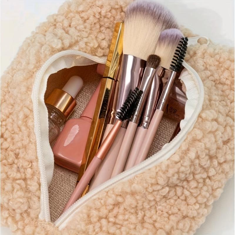 Letter Patch Plush Makeup Bag Brown Zipper Storage Pouch