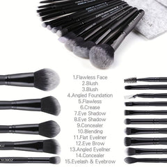 15pcs Makeup Brush Set Long Handle Natural Soft Synthetic Fiber